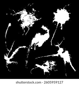 Hand drawn stylized grunge bird droppings set black and white. Flat blots set style vector illustration. (Can be used as texture for cards, invitations, DIY, web sites). Top drops set.