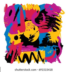 Hand drawn stylized grunge geometry set bright color. Flat vector style illustration. Abstract placard. (Can be used as texture for cards, invitations, DIY projects, web sites or for any other design)