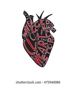 Hand drawn stylized grunge human heart with text about love. Flat lettering style vector illustration. (Can be used as texture for cards, invitations, DIY projects, web sites or for any other design.)