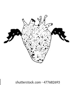 Hand drawn stylized grunge human heart with wings. Flat heart style vector illustration. (Can be used as texture for cards, invitations, DIY projects, web sites or for any other design.)