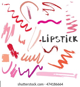 Hand drawn stylized grunge set samples of lipstick. Flat style vector illustration. Cosmetic elements (Can be used as texture for cards, invitations, DIY projects, web sites or for any other design.)