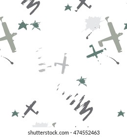 Hand drawn stylized grunge war pattern seamless. Flat army style vector illustration. (Can be used as texture for cards, invitations, DIY projects, web sites or for any other design.)