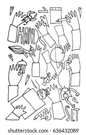 Hand drawn stylized hands set black color. Flat vector outline style illustration. People theme. (Can be used as texture for cards, invitations, DIY projects, web sites or for any other design.)