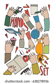 Hand drawn stylized hands set bright color. Flat vector outline style illustration. People theme. (Can be used as texture for cards, invitations, DIY projects, web sites or for any other design.)