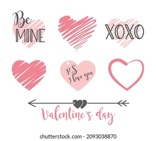 Hand drawn stylized hearts. Pink hearts with the inscriptions BE MINE, XOXO, I LOVE YOU