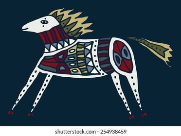 Hand drawn stylized horse with  with elements of an ethnic ornament. Decorative illustration. Naive art 