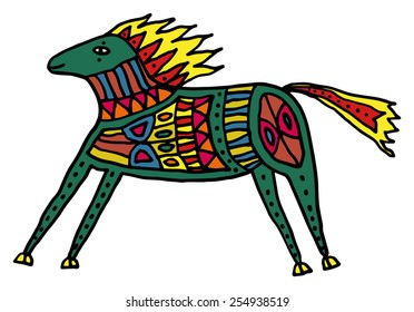 Hand drawn stylized horse with  with elements of an ethnic ornament. Decorative illustration. Naive art 