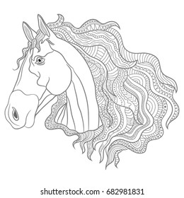 Hand drawn stylized horse head with long horsehair. Isolated cartoon animal, black on white background. Zen-doodle style sketch illustration for coloring book page. T-shirt emblem, logo or tattoo