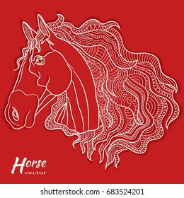 Hand drawn stylized horse head with long horsehair. Isolated cartoon animal, white lines pattern on red background. Zen-doodle style sketch illustration. T-shirt emblem, logo or tattoo