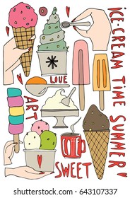 Hand drawn stylized ice cream set bright color. Flat vector style illustration. Food theme. Lettering. (Can be used as texture for cards, invitations, DIY projects, web sites or for any other design.)