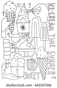 Hand drawn stylized ice cream set black color. Flat vector style illustration. Food theme. Lettering. (Can be used as texture for cards, invitations, DIY projects, web sites or for any other design.)