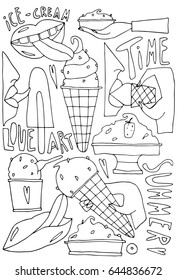 Hand drawn stylized ice cream set black color. Flat vector style illustration. Food theme. Lettering. (Can be used as texture for cards, invitations, DIY projects, web sites or for any other design.)