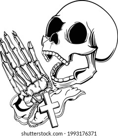 Hand drawn stylized Illustration of a Praying Skull with a Cross Pendant Necklace wrapped around it's Hand