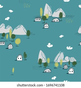 Hand drawn stylized landscape with mountains and houses.  Vector seamless pattern.