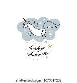 Hand drawn stylized line unicorn and cloud. Baby shower, cozy cute art. Clipart, vector decor elements set.