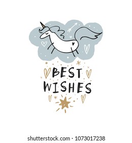 Hand drawn stylized line unicorn and cloud. Best wishes, cozy cute art. Clipart, vector decor elements set.