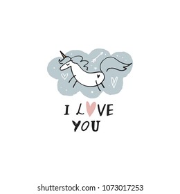 Hand drawn stylized line unicorn and cloud. Scandinavian style, cozy cute art. Clipart, vector decor elements set.
