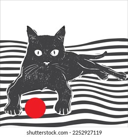 El gato estilizado dibujado a mano. Estilo de Linocut o lápiz de tinta. Puede utilizarse como sello de tela, pegatina, postal, logotipo, clipart.