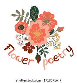 Hand drawn stylized minimalistic branches with green leaves and Pink and maroon flowers on a white background. Flat cartoon vector illustration. Botanical elements with lettering Flower poetry.