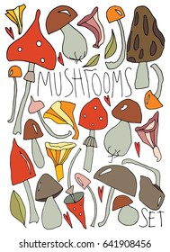 Hand drawn stylized mushrooms set. Flat vector style illustration. Nature theme. Heart. Lettering. (Can be used as texture for cards, invitations, DIY projects, web sites or for any other design.)