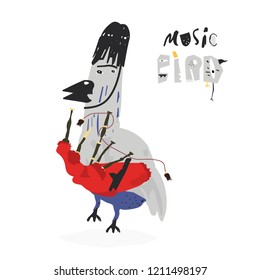 Hand drawn stylized music bird. Vector flat style Scottish bagpipes. Isolated on white background. Music festival.