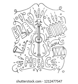 Hand drawn stylized music instruments set. Vector outline flat style. Music festival. Lettering.