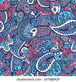  Hand drawn stylized openwork sea life seamless pattern in fresh tones. Fairy tale aquatic background
