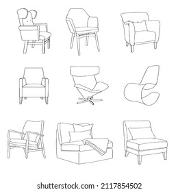 Hand drawn stylized outline armchairs and chairs set. Flat style furniture vector illustration. 