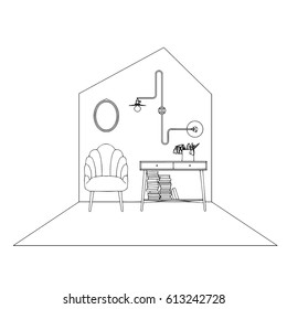 Hand drawn stylized outline building with modern interior. Flat style furniture vector illustration. (Can be used as texture for cards, invitations, DIY projects, web sites or for any other design.)