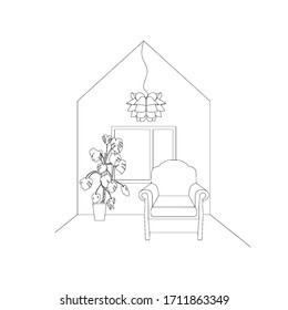 Hand drawn stylized outline house with modern interior. Flat style furniture vector illustration. Sketch.