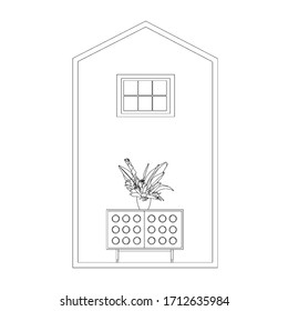 Hand drawn stylized outline house with modern interior. Flat style furniture vector illustration. Sketch.