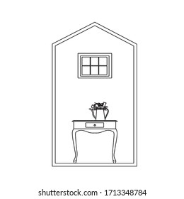 Hand drawn stylized outline house with modern interior. Flat style furniture vector illustration. Sketch.