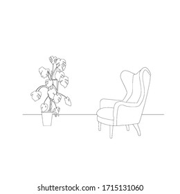 Hand drawn stylized outline house with modern interior. Flat style furniture vector illustration. Sketch.