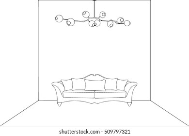 Hand drawn stylized outline house with modern interior. Flat style furniture vector illustration. (Can be used as texture for cards, invitations, DIY projects, web sites or for any other design.)