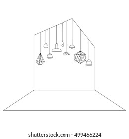 Hand drawn stylized outline interior with modern lamps. Flat style furniture vector illustration. (Can be used as texture for cards, invitations, DIY projects, web sites or for any other design.)