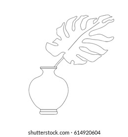 Hand drawn stylized outline monstera leaf in vase for interior. Outline plant vector illustration (Can be used as texture for cards, invitations, DIY projects, web sites or for any other design.)