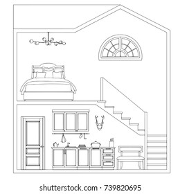 Hand drawn stylized outline section of house. Flat vector style illustration. Black and white. (Can be used as texture for cards, invitations, DIY projects, web sites or for any other design.)