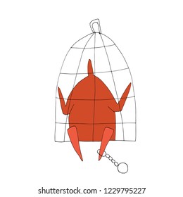 Hand drawn stylized outline vector illustration. Anti-slavery day. Character people. Man in cage. (Can be used as texture for cards, invitations, DIY, web sites)