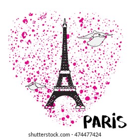 Hand drawn stylized Paris dove Eiffel tower. Flat love style vector illustration. (Can be used as texture for cards, invitations, DIY projects, web sites or for any other design.)