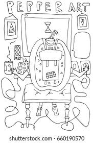Hand drawn stylized pepper and computer set. Flat vector style illustration. Interior theme. Lettering. (Can be used as texture for cards, invitations, DIY projects, web sites or for any other design)