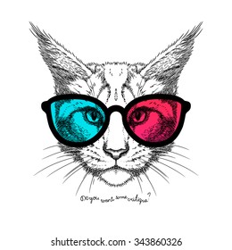 Hand Drawn stylized portrait of cat face in 3D glasses