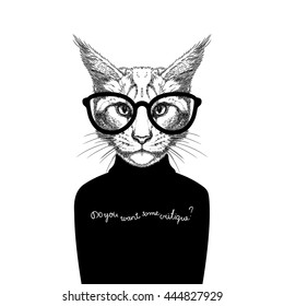 Hand Drawn stylized portrait of cat look like critique, whose wearing glasses and a sweater.