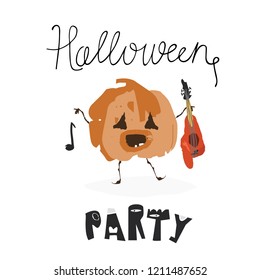 Hand drawn stylized poster for halloween. Cartoon pumpkin. Flat style vector illustration. Music festival.
