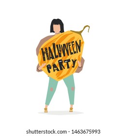 Hand drawn stylized poster for halloween. Cartoon pumpkin. Flat style vector illustration. Autumn festival. Vector people. Girl with pumpkin.