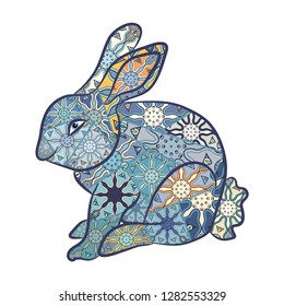 Hand drawn stylized rabbit, graphic art illustration for Easter. Colorful animal clip art, tattoo design, fabric print. Doodle ornate bunny, graphic patchwork quilt pattern. Isolated on white