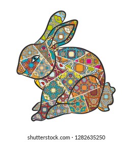 Hand drawn stylized rabbit, graphic art illustration for Easter. Colorful animal clip art, tattoo design, fabric print. Doodle ornate bunny, graphic patchwork quilt pattern. Isolated on white