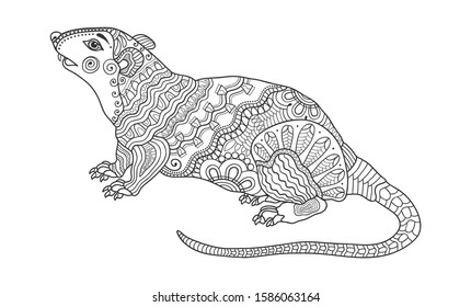 Hand drawn stylized Rat. Zen doodle graphic animal. Happy chinese new year 2020 zodiac sign symbol. Black and white illustration for coloring book, textile fabric print, tattoo design
