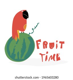 Hand drawn stylized red parrot. Vector trendy flat style cartoon bird. Food festival. Character vector. Summer time. Watermelon.