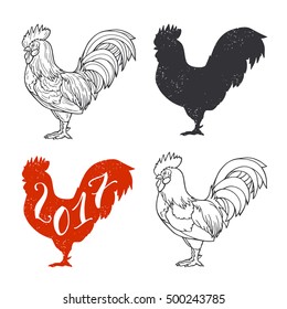 Hand drawn stylized rooster set. Vector illustration