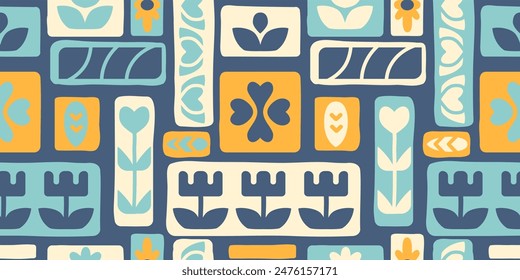 Hand drawn stylized Scandinavian vector seamless wallpaper. Floral ethnic aesthetic background. Abstract floral backdrop. Modern nature fabric with flowers and leaves.